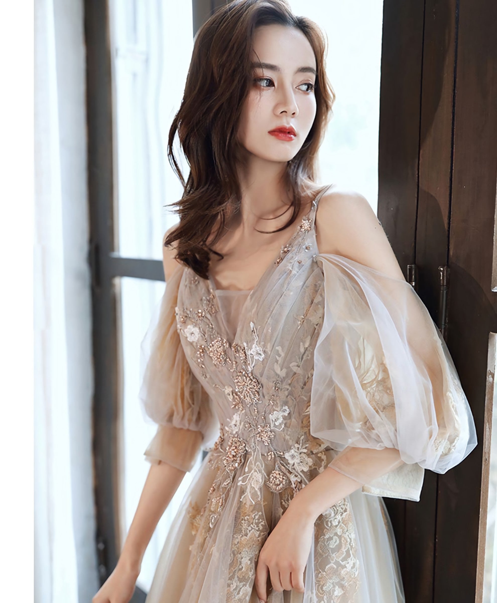 Champagne V Neck Tulle Lace Long Prom Dress Champagne Prom Dresses
