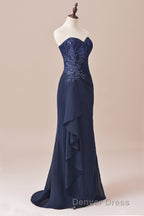 Navy Blue Two-Piece Sweetheart Ruffled Long Mother of the Bride Dresses