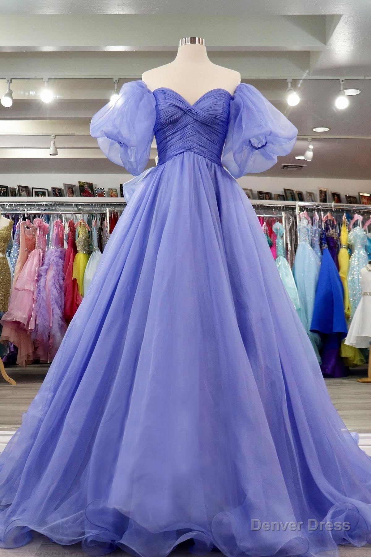 Lavender Tulle A-line Off-Shoulder Puff Sleeves Pleated Long Prom Dress Main image