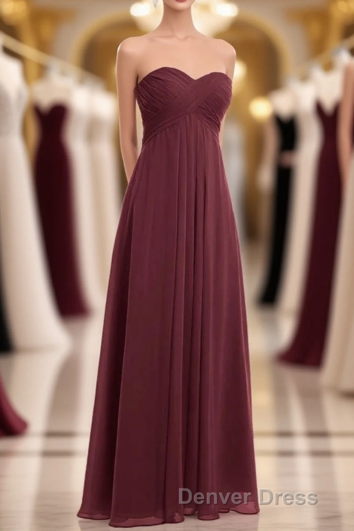 Burgundy Chiffon Strapless Sweetheart A Line Long Bridesmaid Dresses