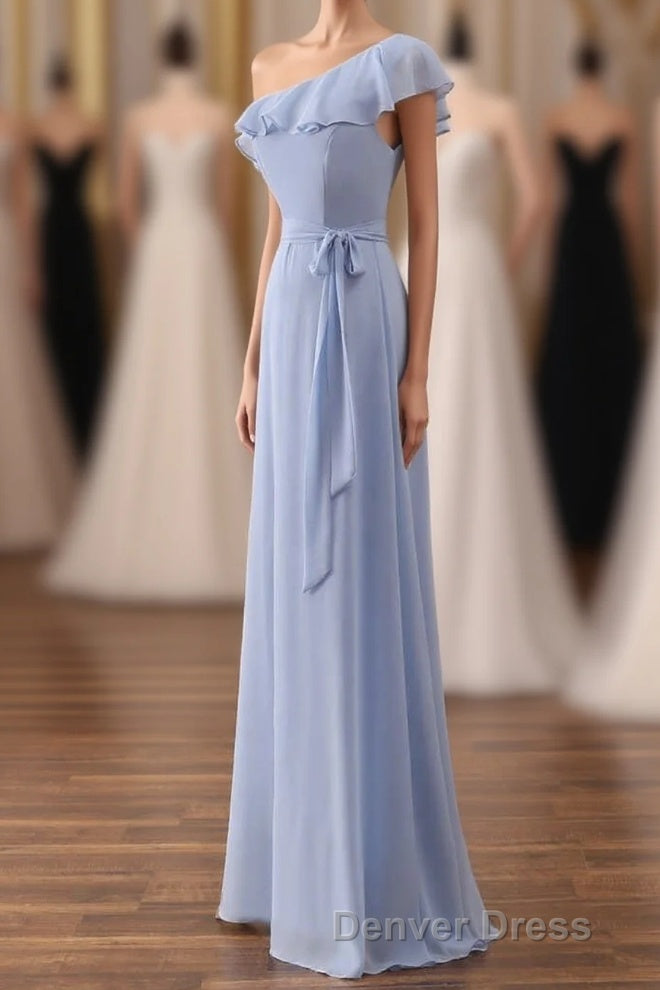 Periwinkle One Shoulder Ruffled A Line Long Bridesmaid Dresses Main image
