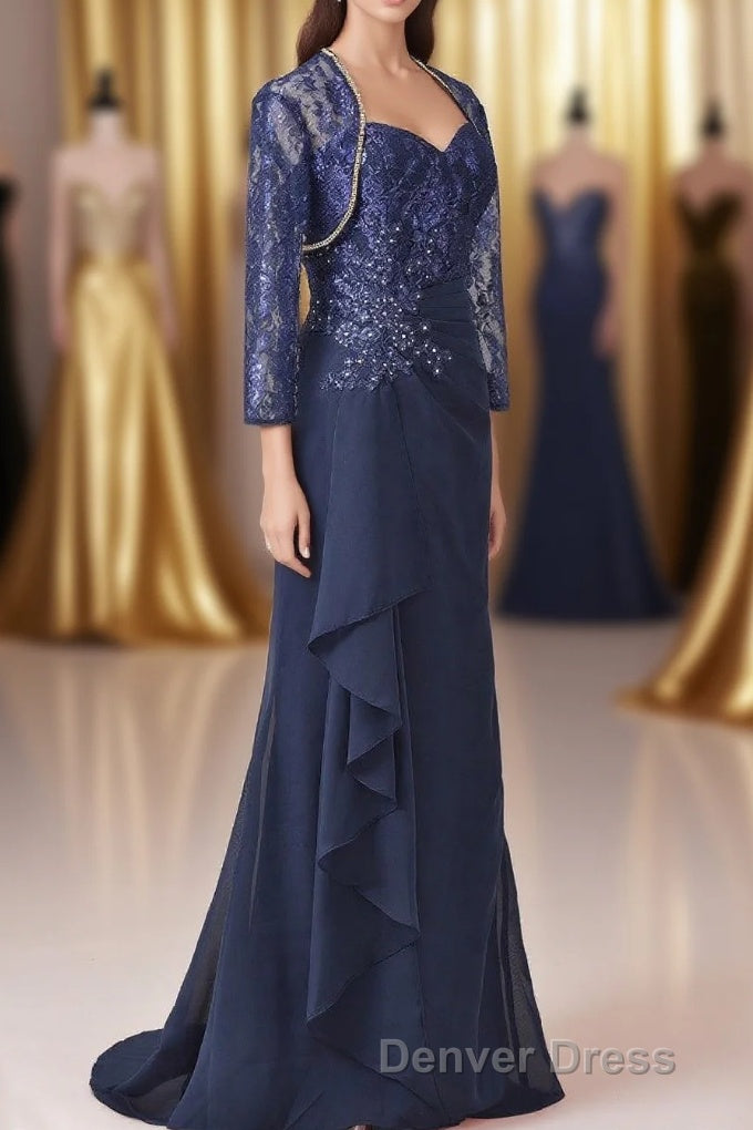 Navy Blue Two-Piece Sweetheart Ruffled Long Mother of the Bride Dresses Main image