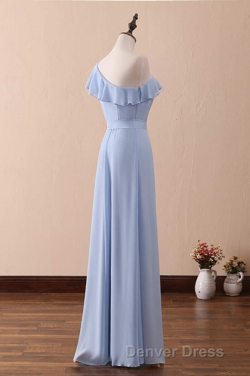 Periwinkle One-Shoulder Ruffled A-Line Long Bridesmaid Dresses