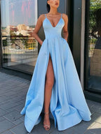Simple A Line V Neck Satin Long Prom Dress Satin Prom Dresses