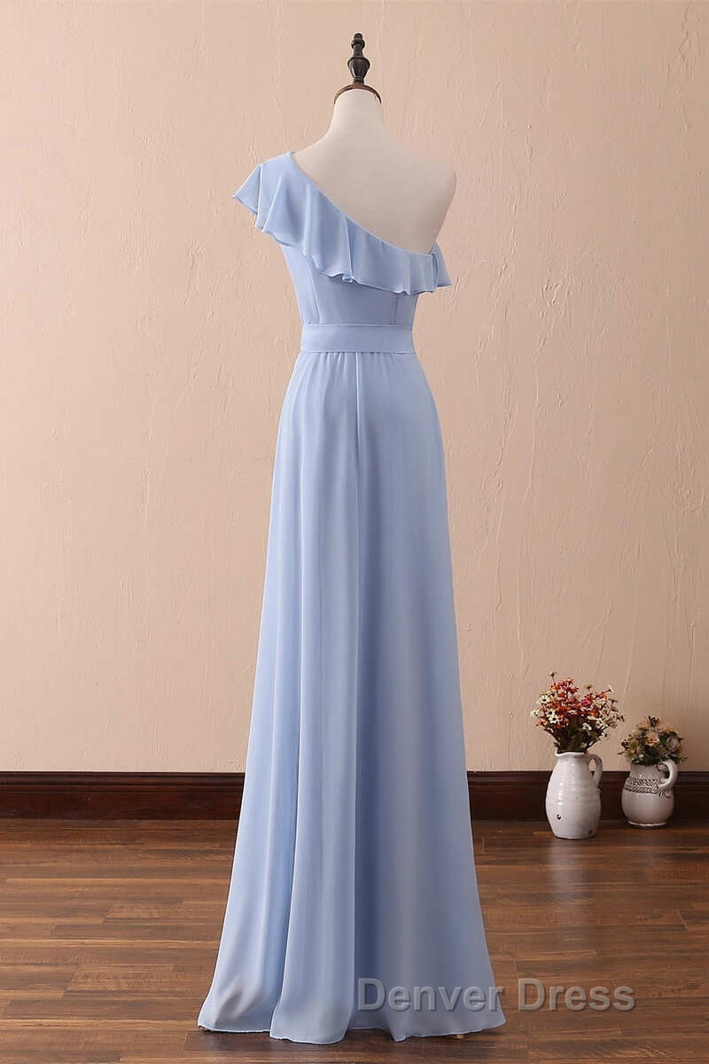 Periwinkle One-Shoulder Ruffled A-Line Long Bridesmaid Dresses