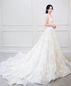 White V Neck Lace Long Prom Dress White Lace Wedding Dresses