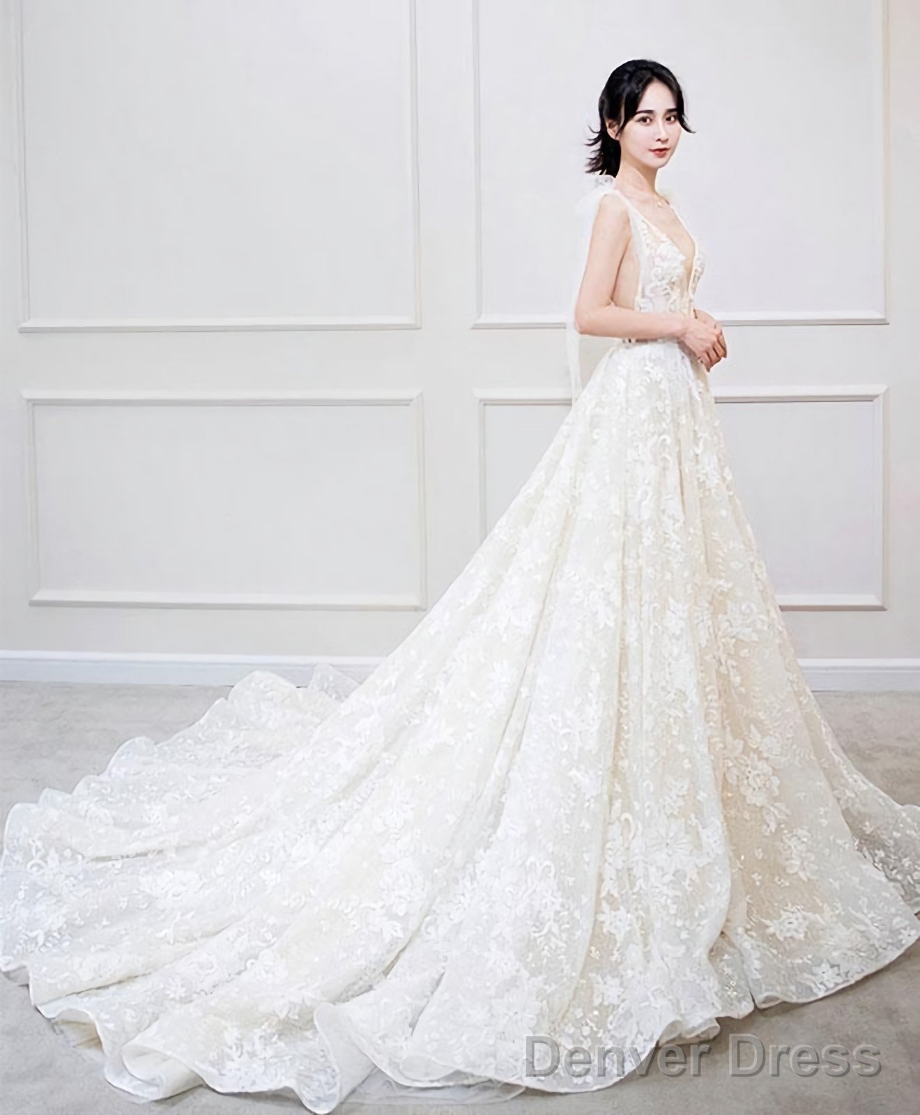 White V Neck Lace Long Prom Dress White Lace Wedding Dresses