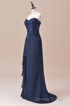 Navy Blue Two-Piece Sweetheart Ruffled Long Mother of the Bride Dresses