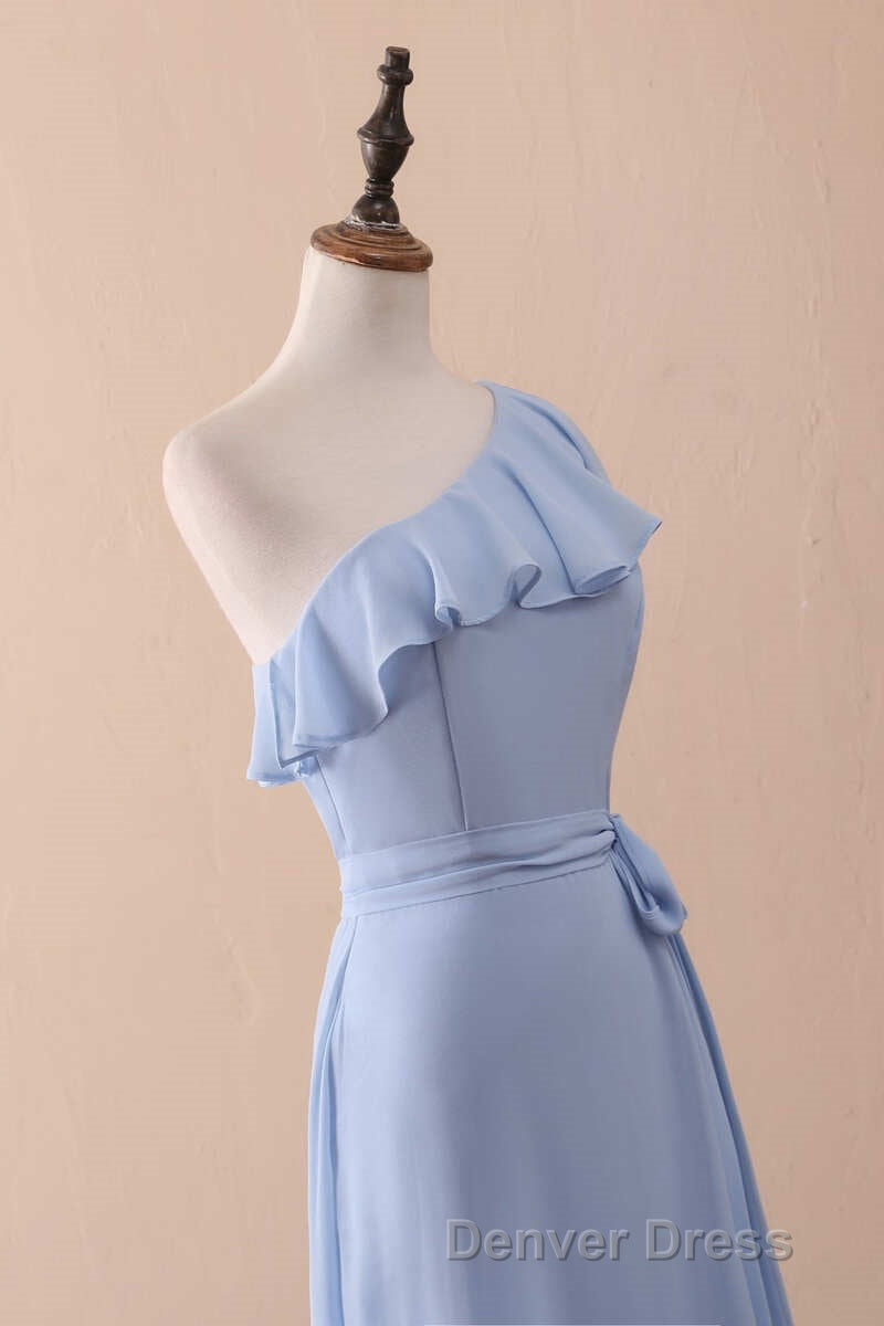 Periwinkle One-Shoulder Ruffled A-Line Long Bridesmaid Dresses