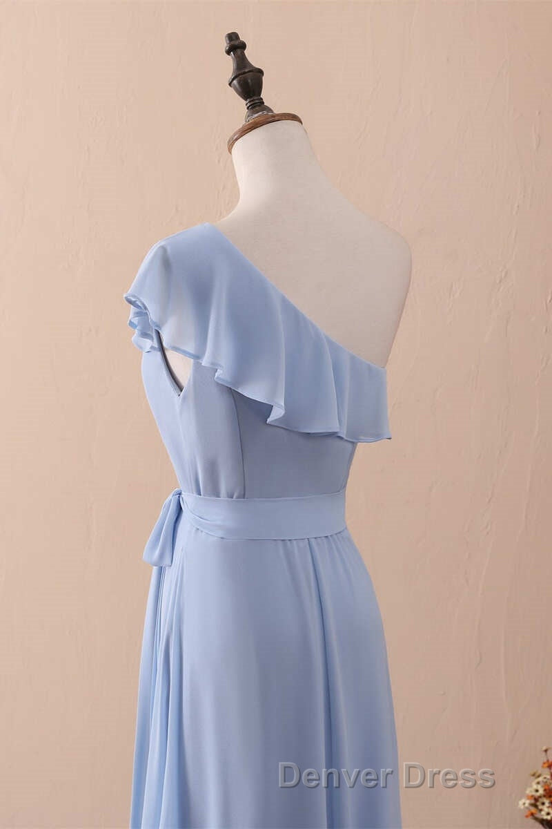 Periwinkle One-Shoulder Ruffled A-Line Long Bridesmaid Dresses