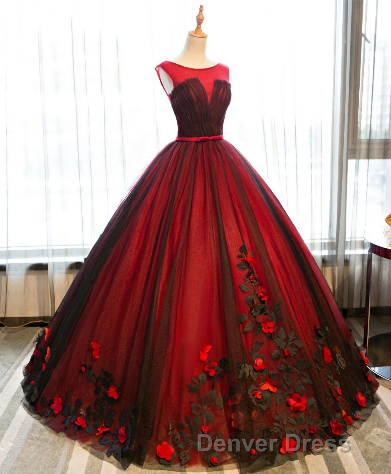 Burgundy Round Neck Tulle Lace Applique Long Prom Dresses, Burgundy Evening Dresses