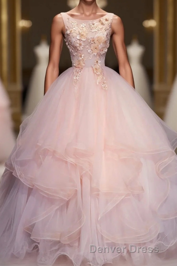 Pink Round Neck Tulle Lace Long Prom Dresses, Lace Formal Dresses Main image