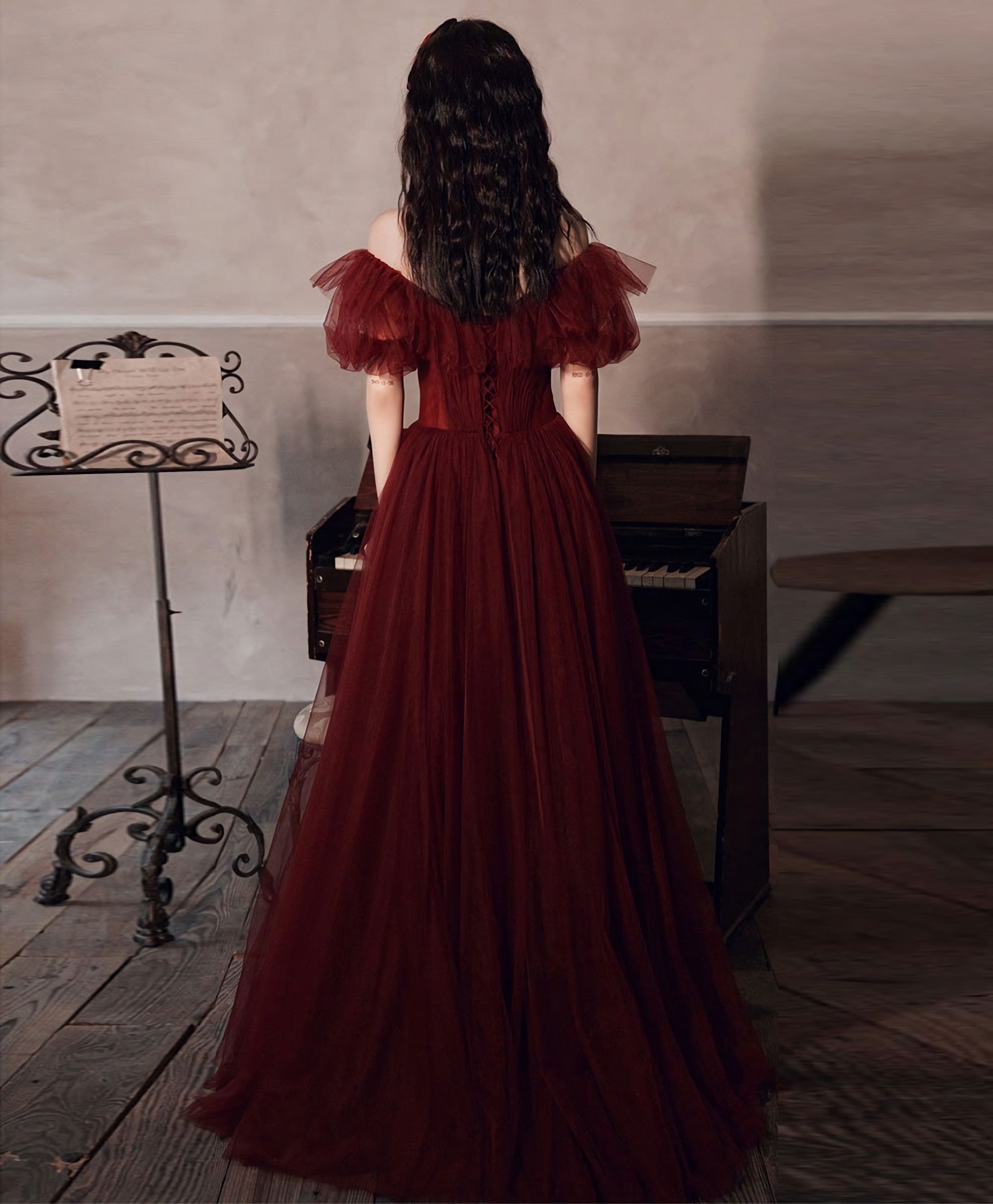 Simple Burgundy Off Shoulder Tulle Long Prom Dress Burgundy Prom Dresses