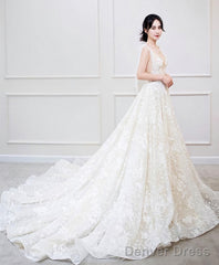 White V Neck Lace Long Prom Dress White Lace Wedding Dress