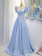 Blue Satin Backless Long Prom Dresses, Blue Evening Dresses