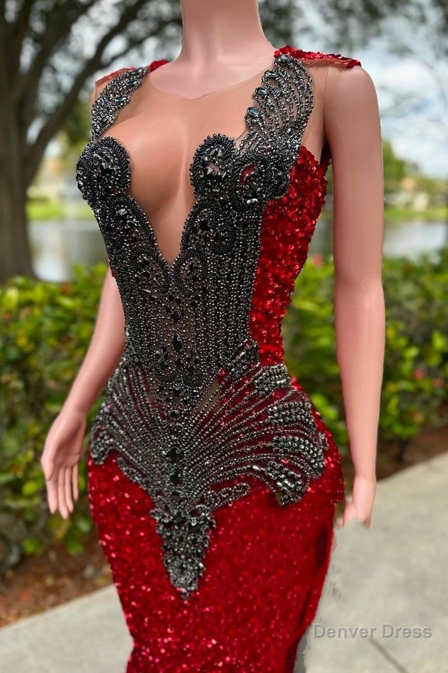 V-neck Burgundy Sequin Prom Dresses with Dark Sequins Secondary image