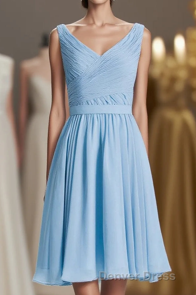 Blue Chiffon A Line Pleated Short Bridesmaid Dresses Main image