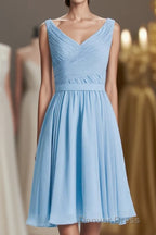 Blue Chiffon A Line Pleated Short Bridesmaid Dresses