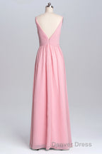 Pink Straps A Line Pleated Long Bridesmaid Dresses