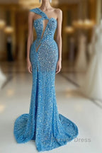Ocean Blue Sequins One Shoulder Mermaid Long Prom Dresses With Split
