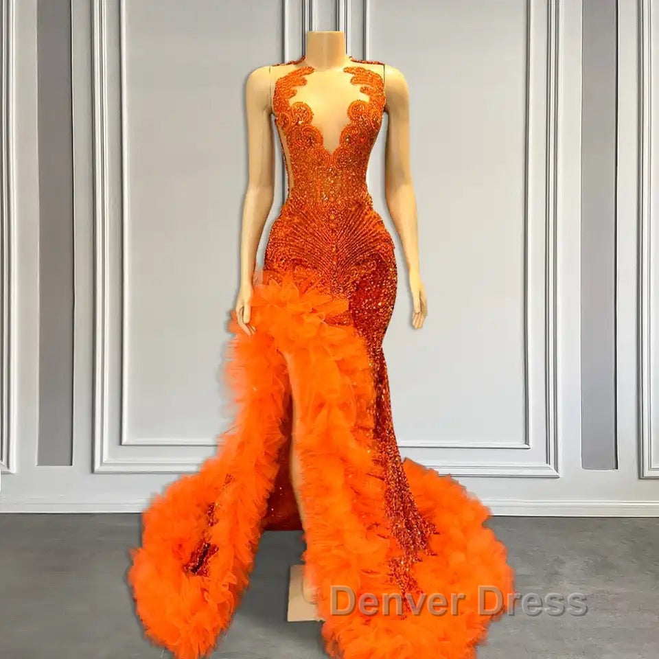 Orange Sleeveless Mermaid Prom Dresses with Side Slit and Tulle Beadings Secondary image