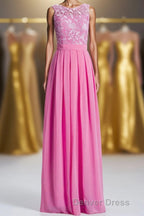 Pink A Line Lace and Chiffon Long Bridesmaid Dresses