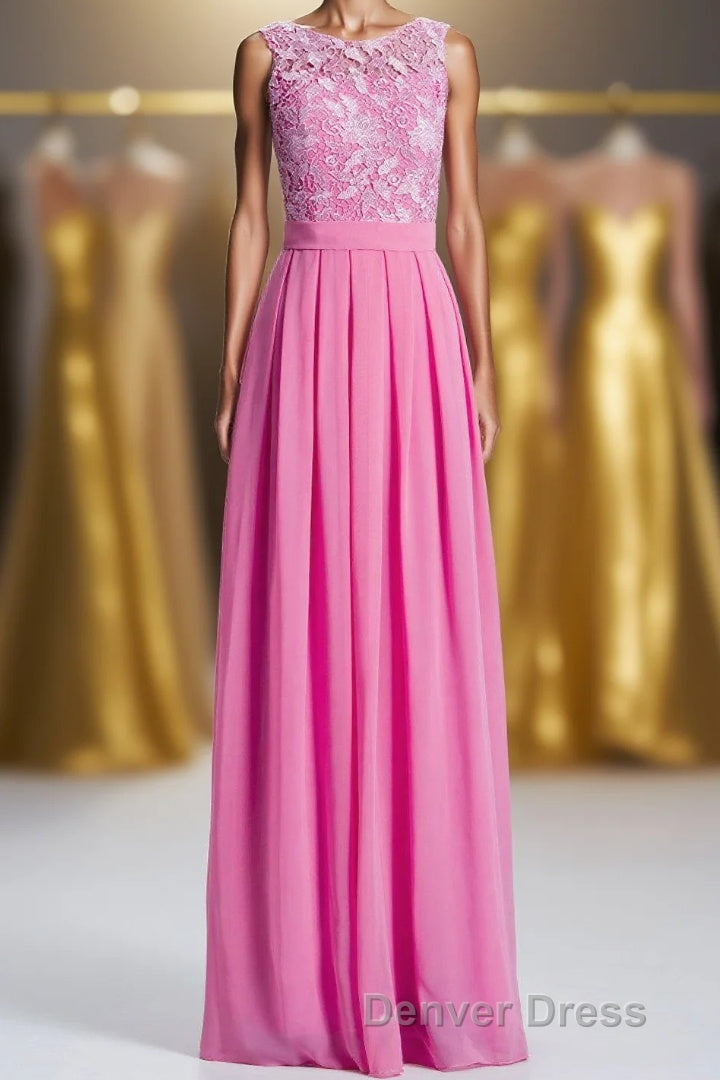 Pink A Line Lace and Chiffon Long Bridesmaid Dresses