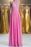 Pink A Line Lace and Chiffon Long Bridesmaid Dresses