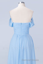 Blue Off the Shoulder Pleated Chiffon Long Bridesmaid Dresses
