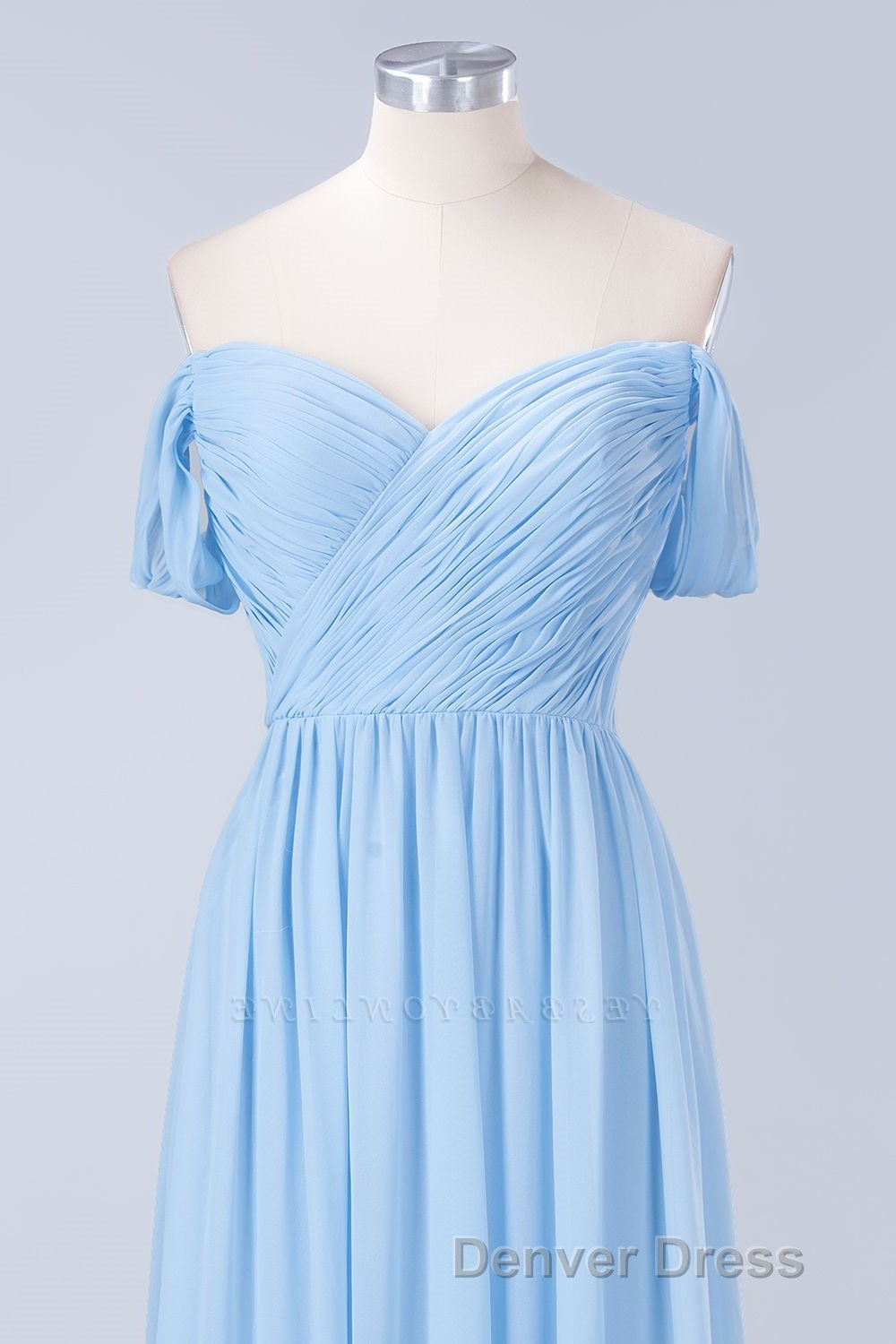 Blue Off the Shoulder Pleated Chiffon Long Bridesmaid Dresses