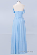 Blue Off the Shoulder Pleated Chiffon Long Bridesmaid Dresses