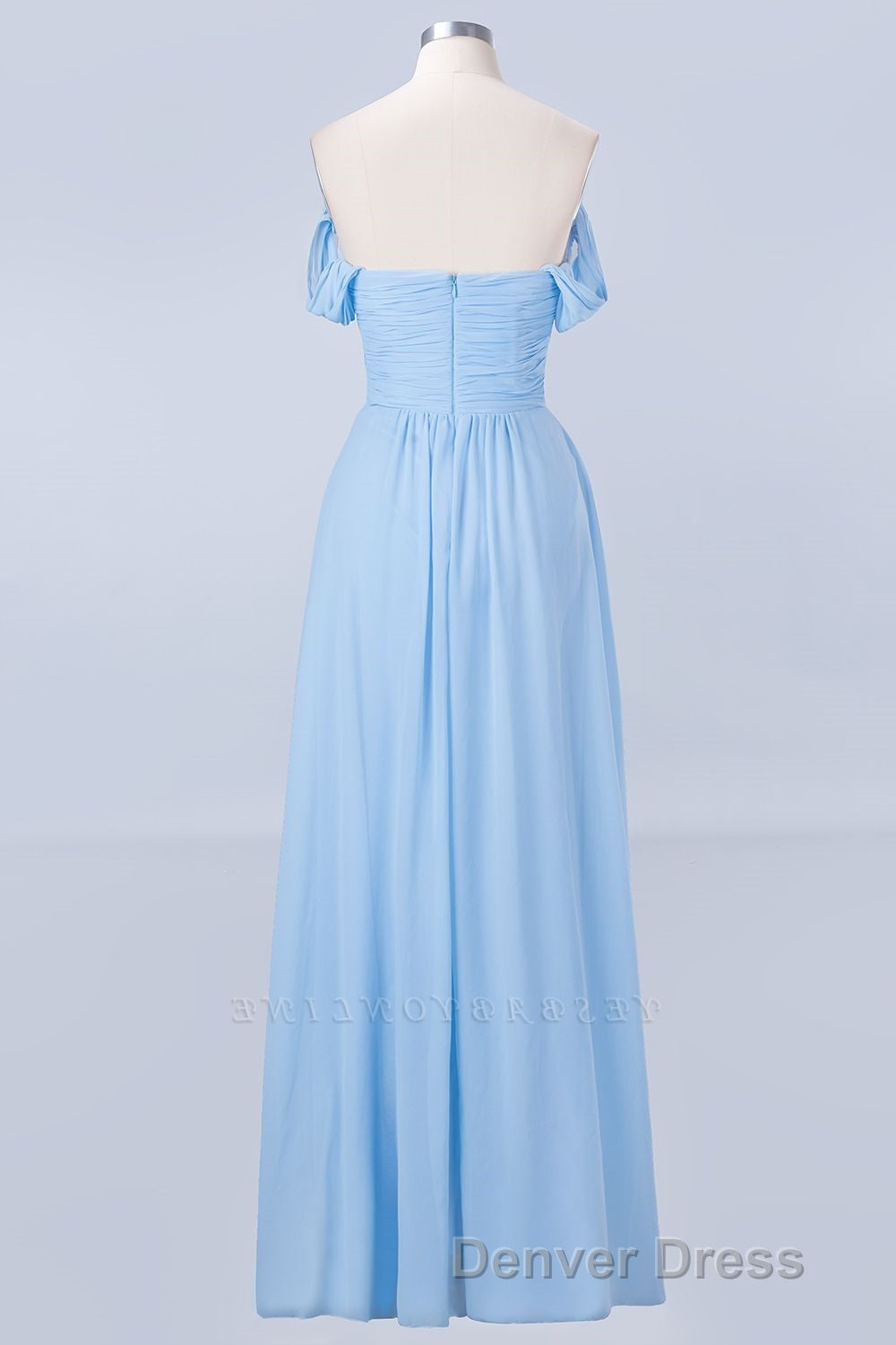Blue Off the Shoulder Pleated Chiffon Long Bridesmaid Dresses