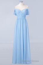 Blue Off the Shoulder Pleated Chiffon Long Bridesmaid Dresses