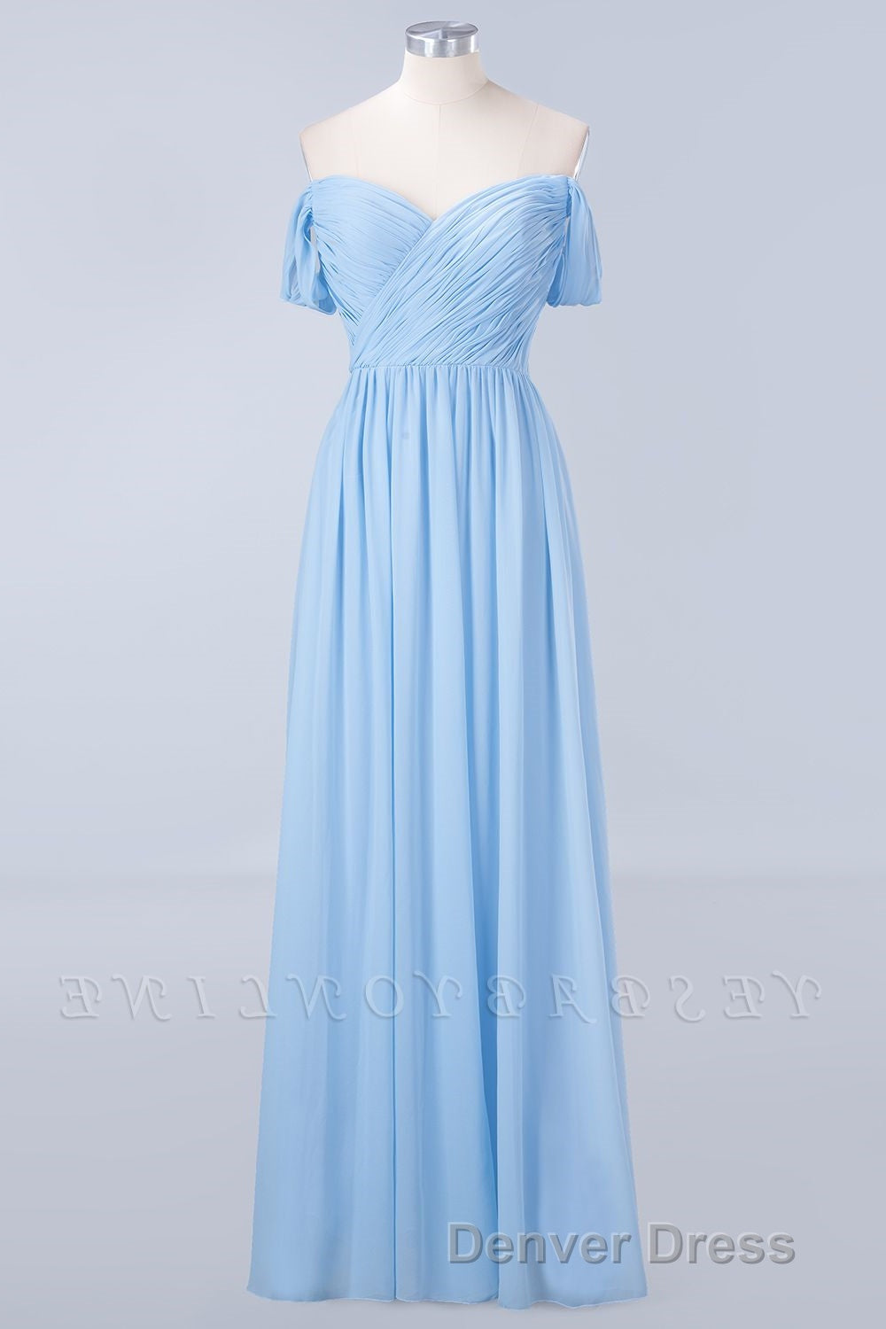 Blue Off the Shoulder Pleated Chiffon Long Bridesmaid Dresses
