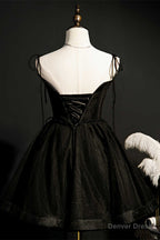 Black Lace Up Backless A Line Short Homecoming Dresses