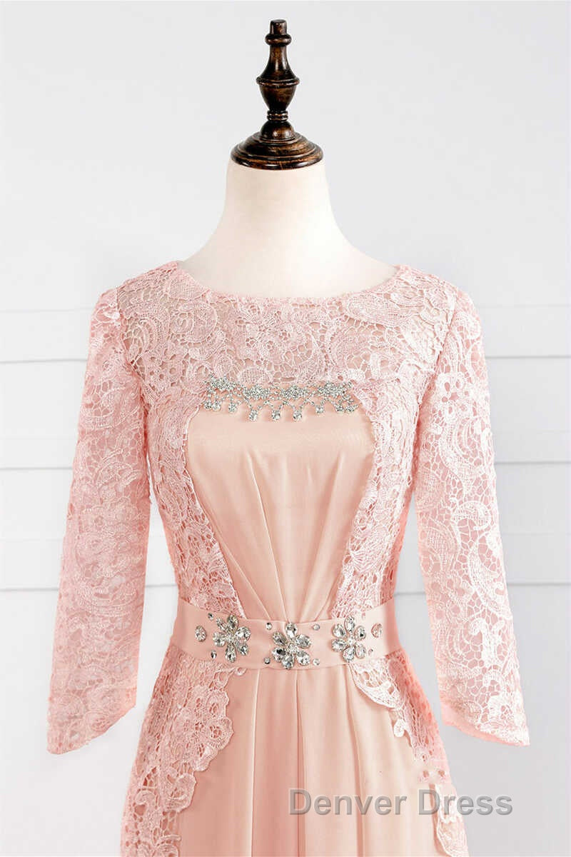 Pink Rhinestone Half Sleeve A Line Long Mother of the Bride Dresses