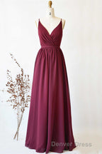 Magenta Chiffon V Neck Spaghetti Straps Long Bridesmaid Dresses