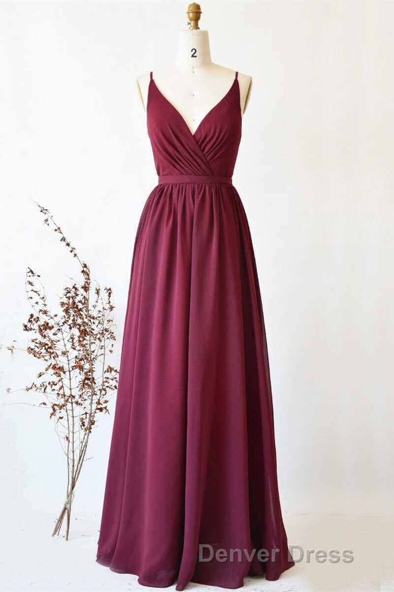 Magenta Chiffon V Neck Spaghetti Straps Long Bridesmaid Dresses