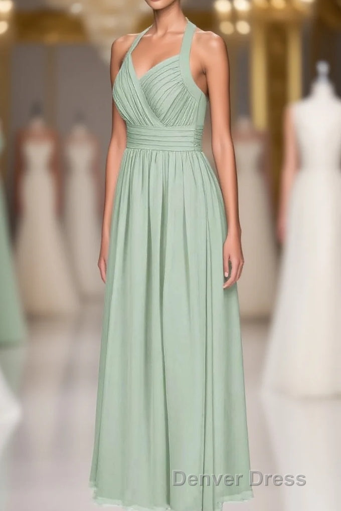Sage Green Chiffon Halter Backless A Line Bridesmaid Dresses