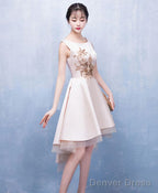Champagne Satin Lace Short Prom Dress Champagne Homecoming Dress