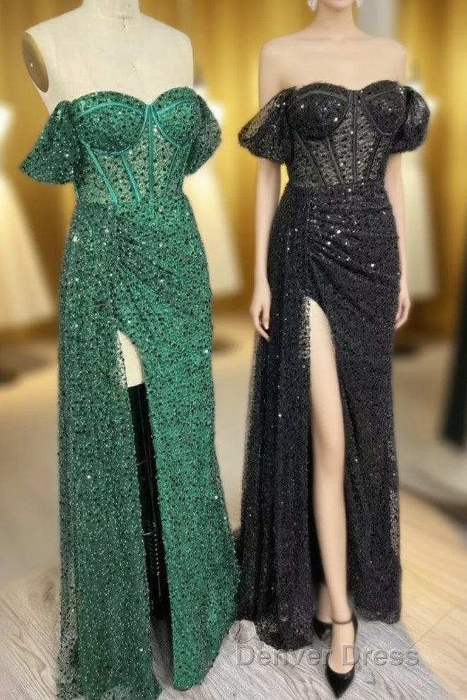 Mermaid Off-the-Shoulder Boning Sequins Pleated Long Prom Dresses with Slit Main image