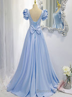 Blue Satin Backless Long Prom Dresses, Blue Evening Dresses