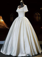 White Sweetheart Satin Long Bridal Dresses, White Wedding Dresses