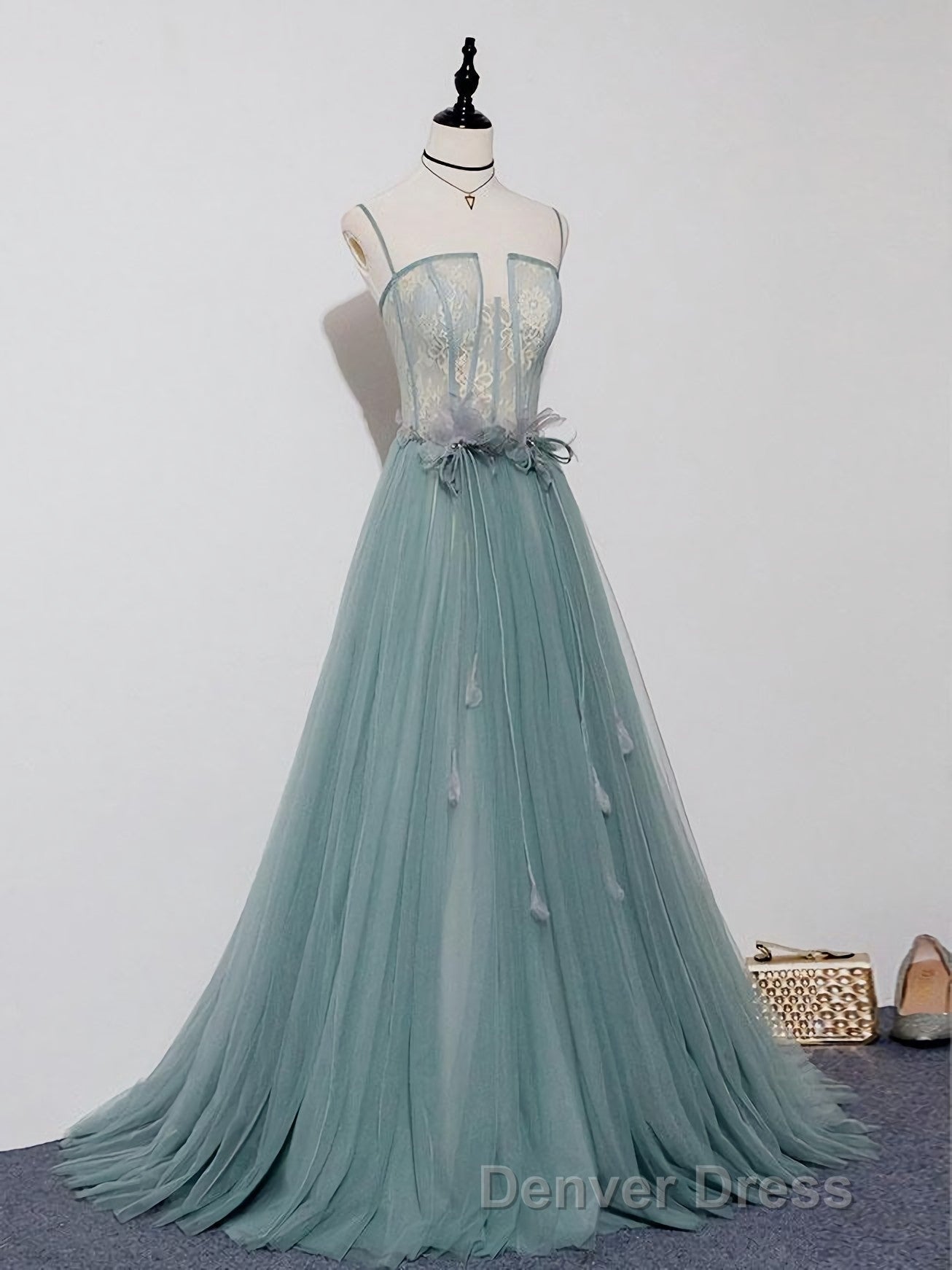 Green A Line Tulle Lace Long Prom Dresses, Green Tulle Formal Dresses Secondary image