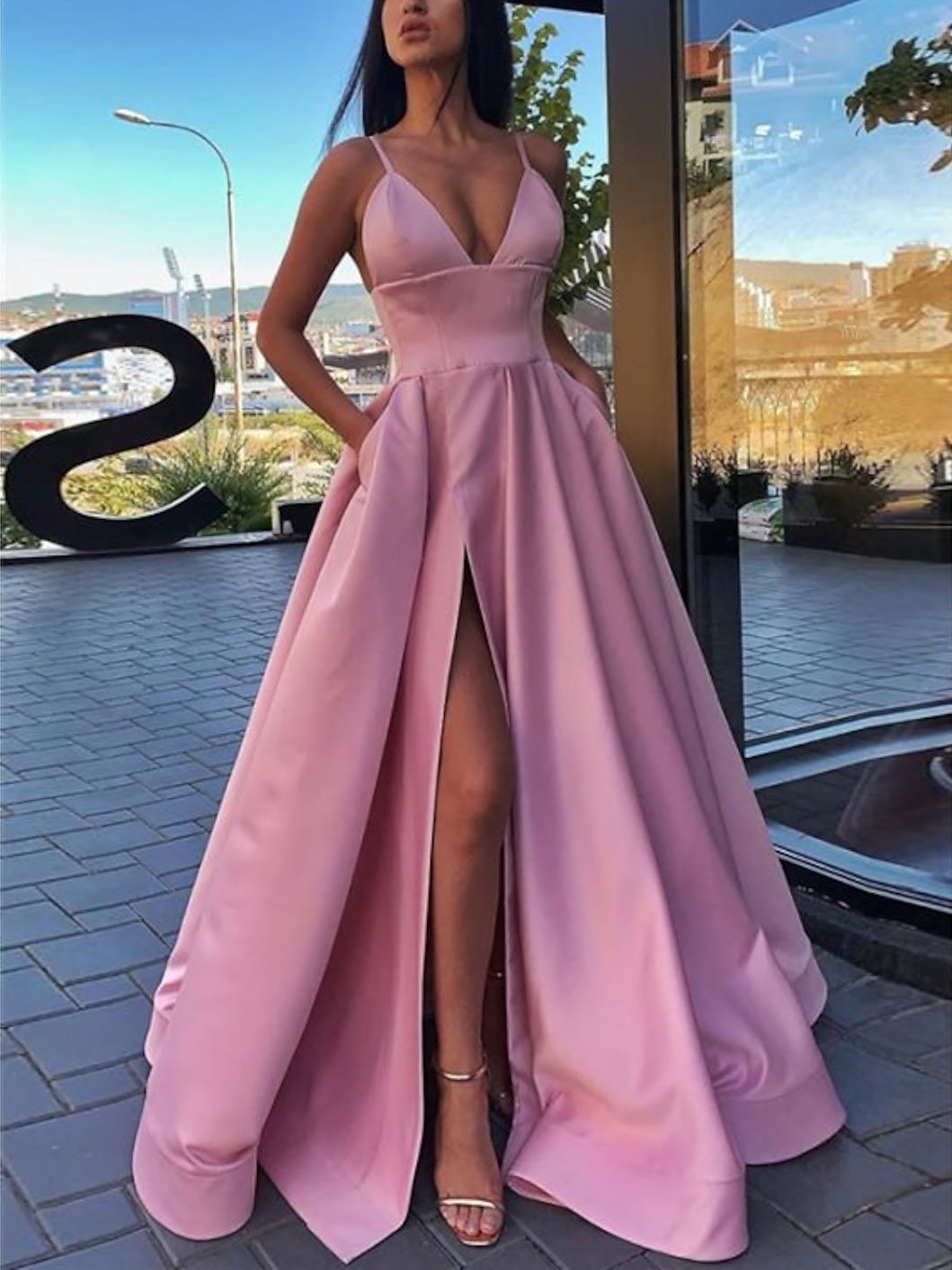 Simple A Line V Neck Satin Long Prom Dress Satin Prom Dresses