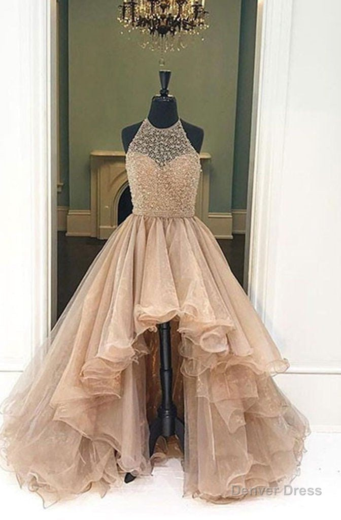 2026 Halter Beaded High Low Organza Champagne Prom Dresses Main image