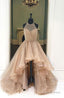 2026 Halter Beaded High Low Organza Champagne Prom Dresses