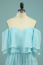 Off the Shoulder Blue Flounce Chiffon Long Bridesmaid Dresses