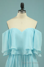 Off the Shoulder Blue Flounce Chiffon Long Bridesmaid Dresses