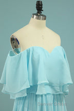 Off the Shoulder Blue Flounce Chiffon Long Bridesmaid Dresses